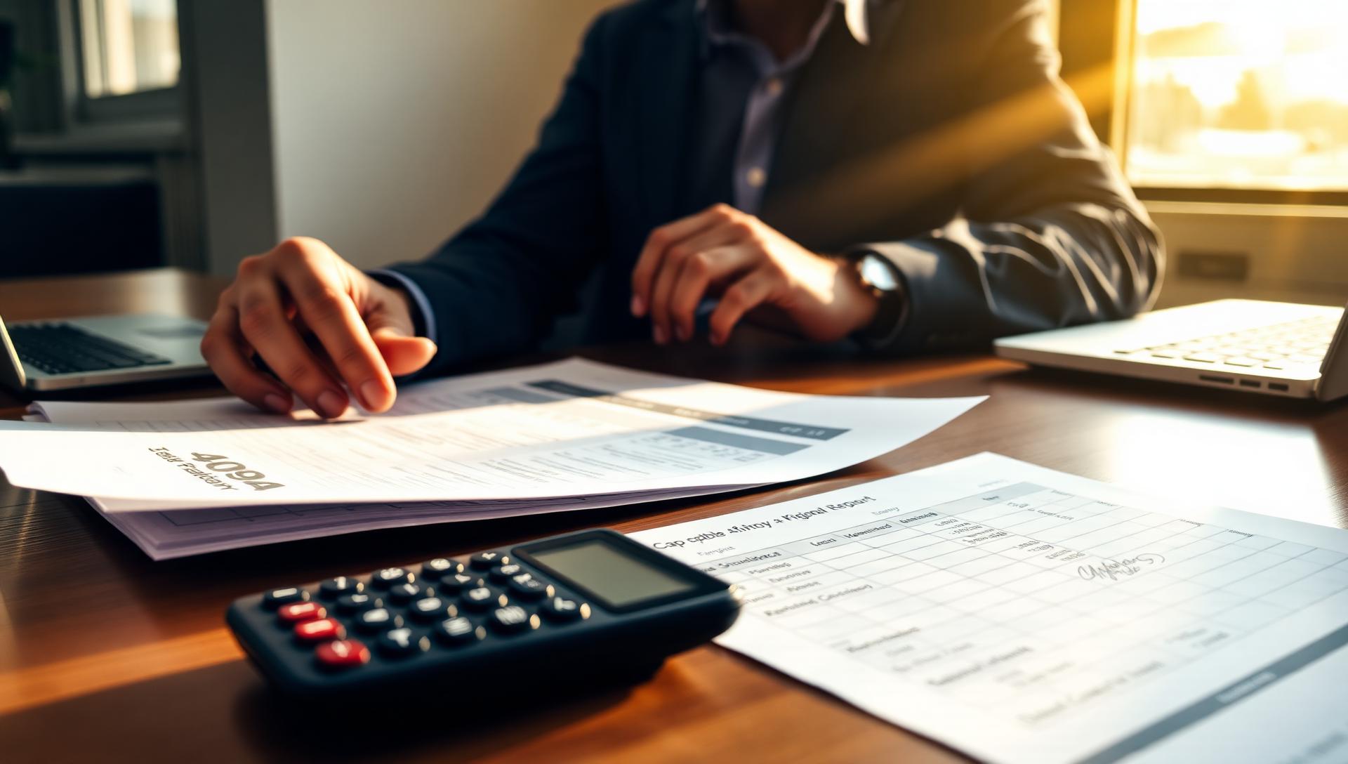 Israeli founder reviewing a 409A valuation report at a wooden desk with calculator, laptop, printed cap table, and a stock option grant document, late afternoon office light