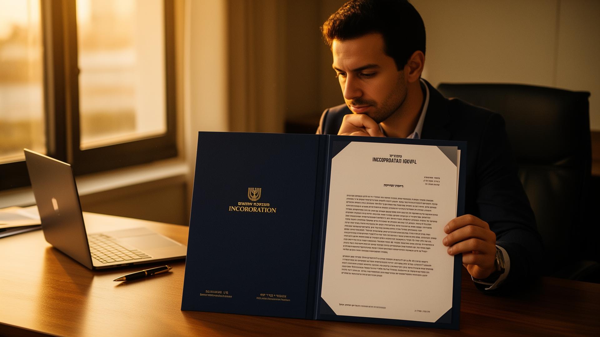 Israeli founder studying two contrasting incorporation document folders on a wooden desk, one labeled in Hebrew and one in English, late afternoon office light