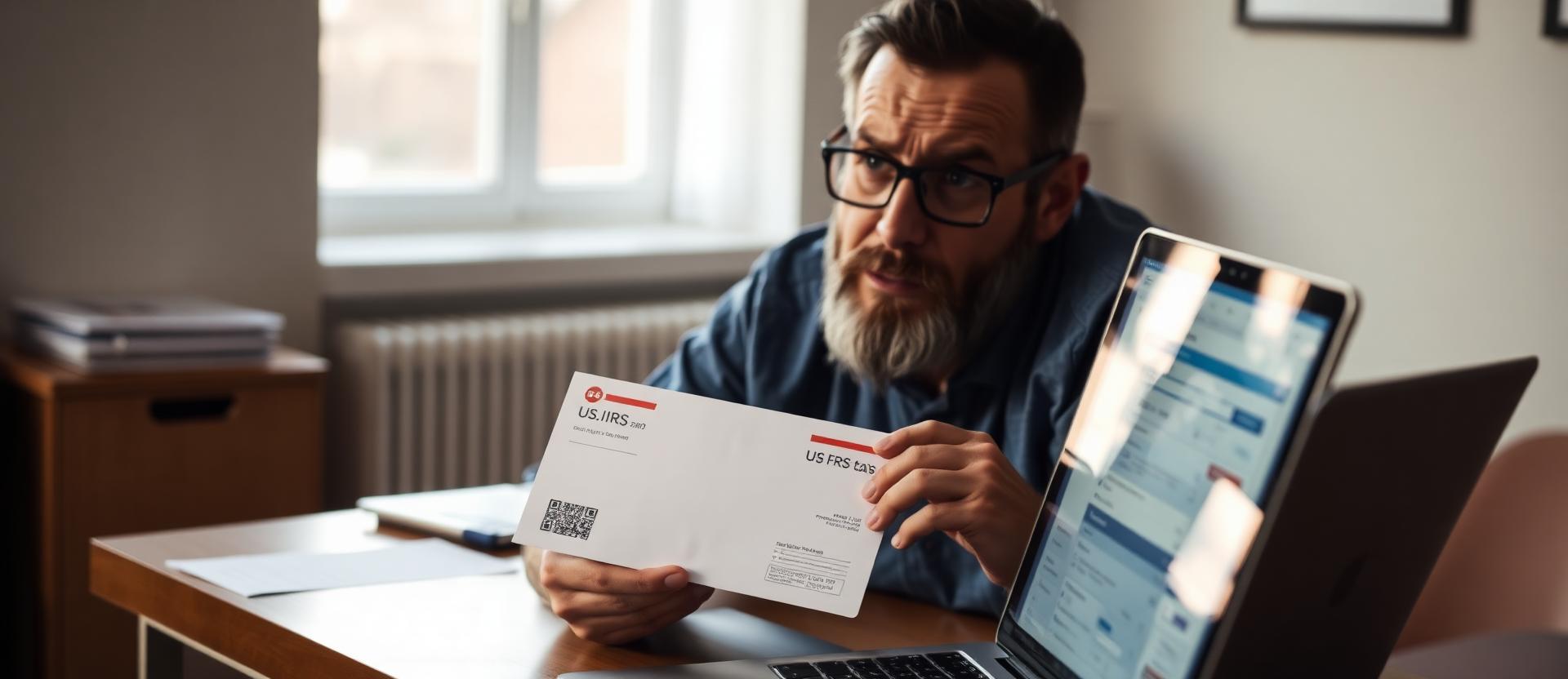 Israeli founder at a wooden desk holding an unopened US IRS envelope, expression of concern, laptop with tax preparation interface in soft focus, late afternoon office light
