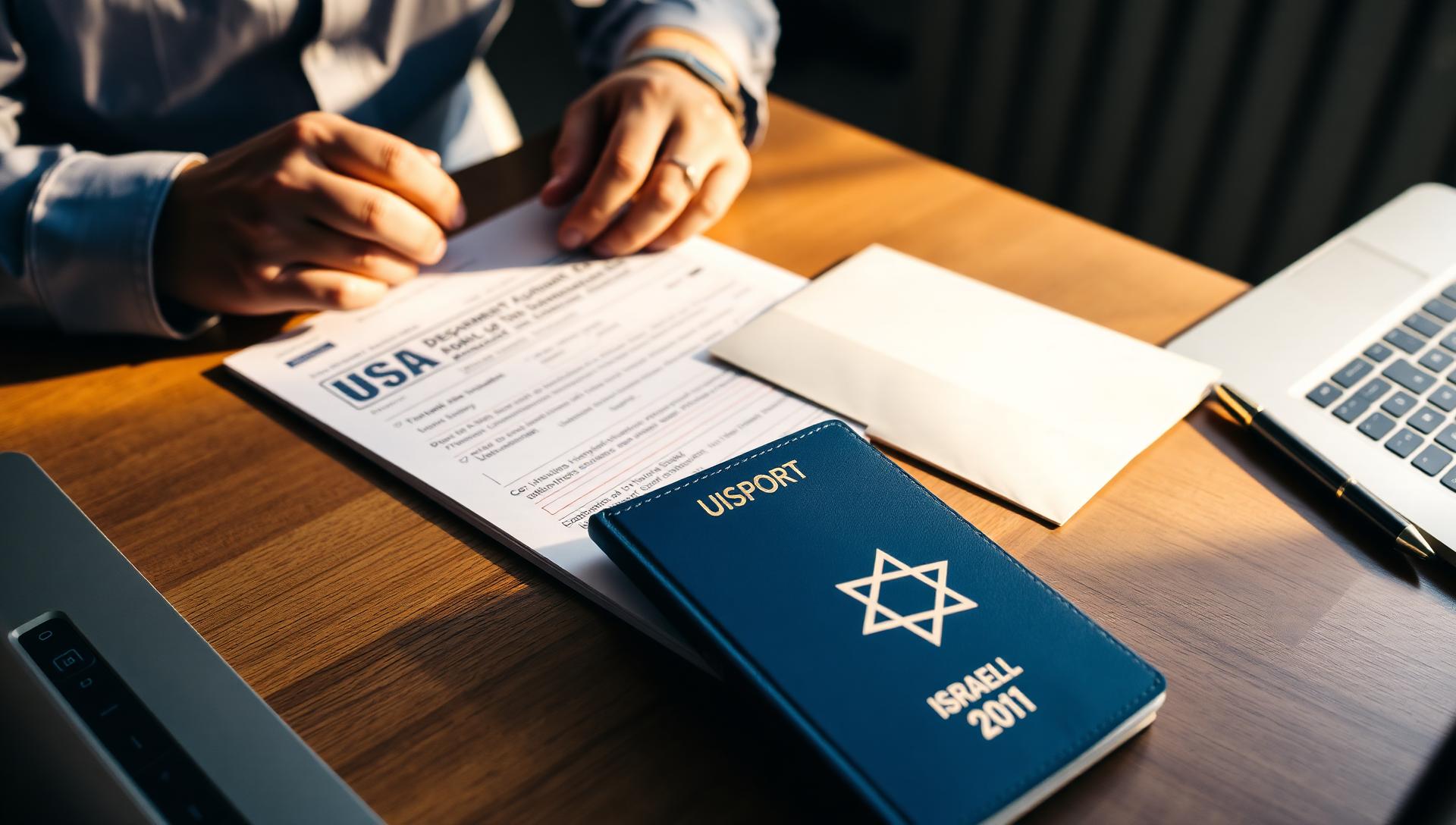 Israeli founder reviewing visa application paperwork at a wooden desk with an Israeli passport, US Department of State envelope, laptop, and pen, late afternoon office light