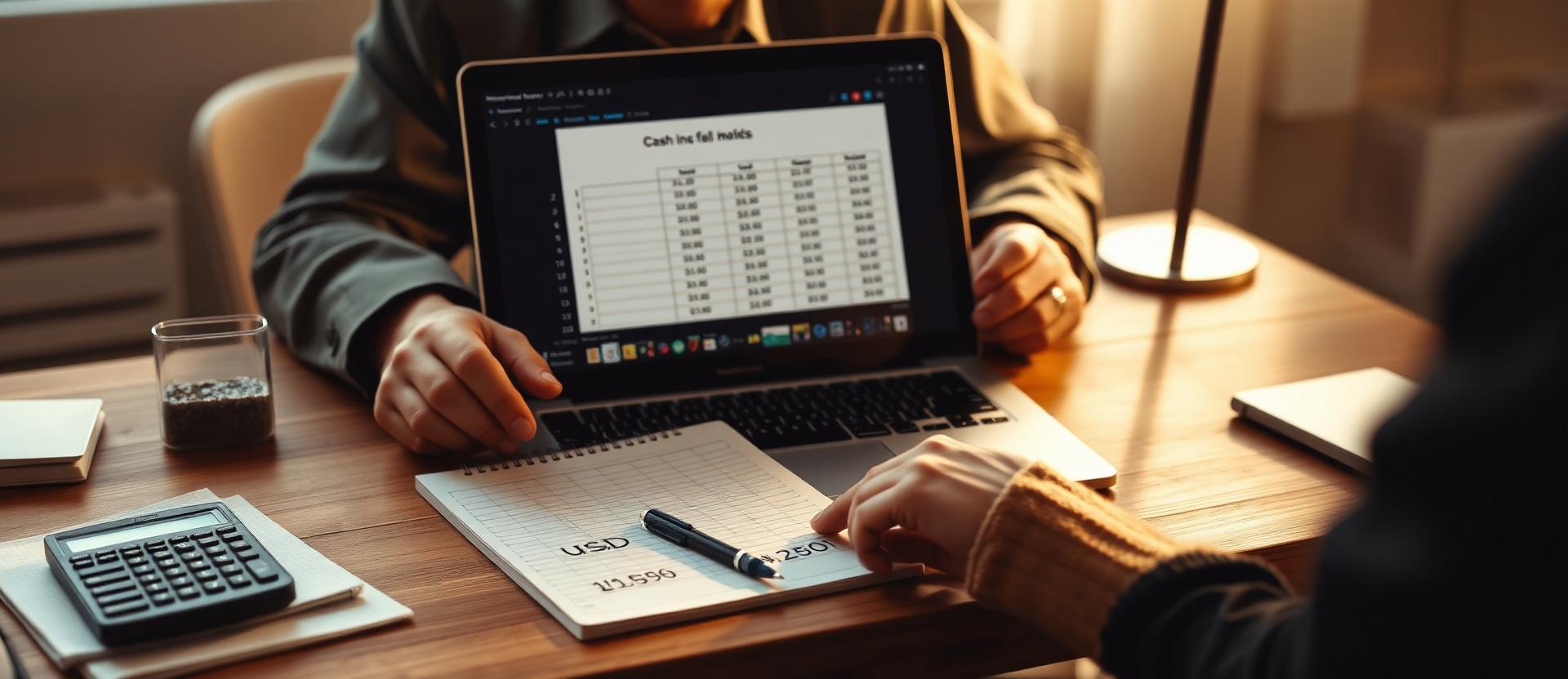 Israeli founder at a wooden desk reviewing a two-currency cash flow spreadsheet on a laptop, with a notepad showing USD and ILS figures, calculator, and pen, late afternoon office light