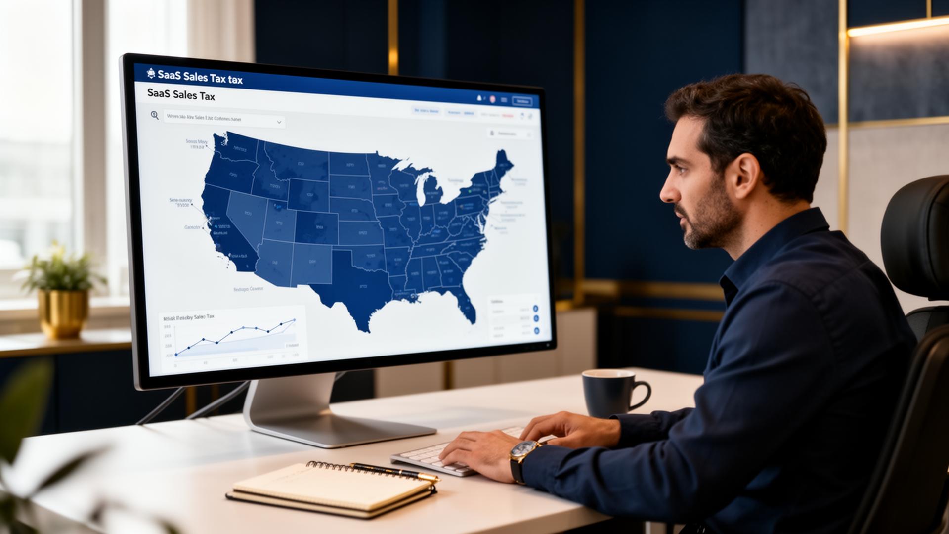 Israeli founder reviewing a US state-by-state SaaS sales tax dashboard on a large monitor in a modern office with notebook and coffee cup