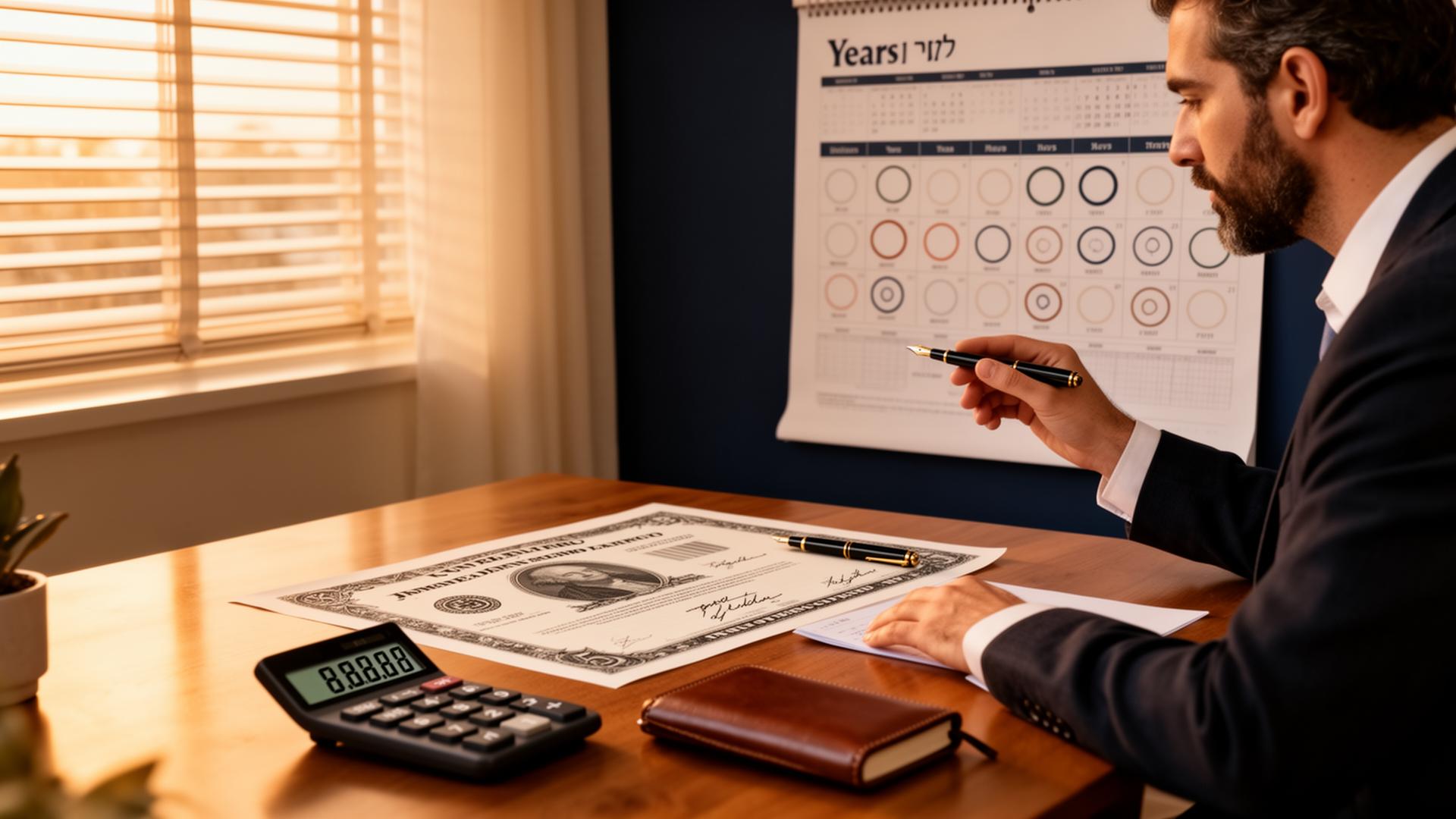 Israeli founder studying a 5-year calendar marked with milestones at a wooden desk with US stock certificate template and calculator showing a large number, late afternoon office light