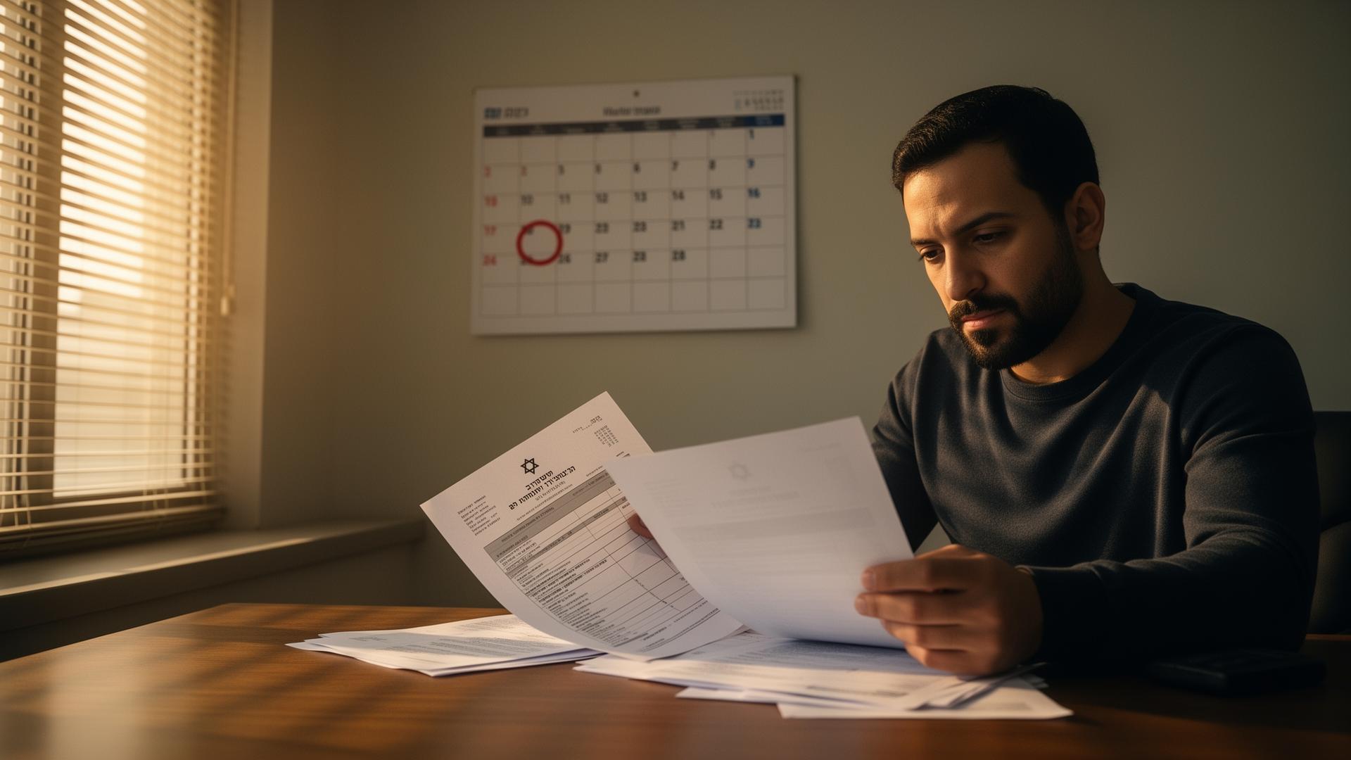 Israeli founder reviewing tax documents at a desk next to a wall calendar with July 6, 2026 circled in red marker, late afternoon office light