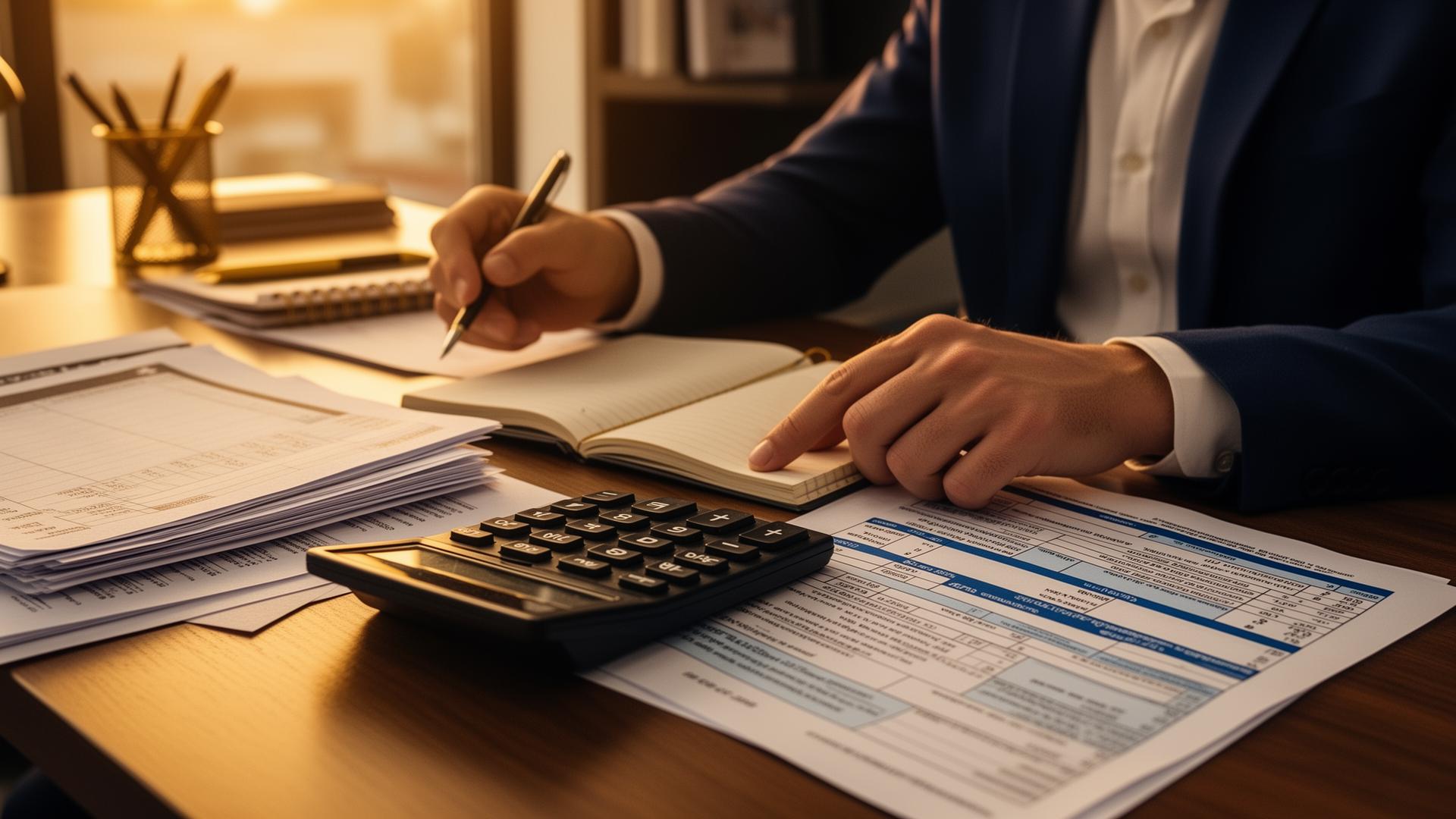 Israeli founder reviewing US R&D tax credit calculations at a wooden desk with a calculator, notebook, and US tax forms in late afternoon office light