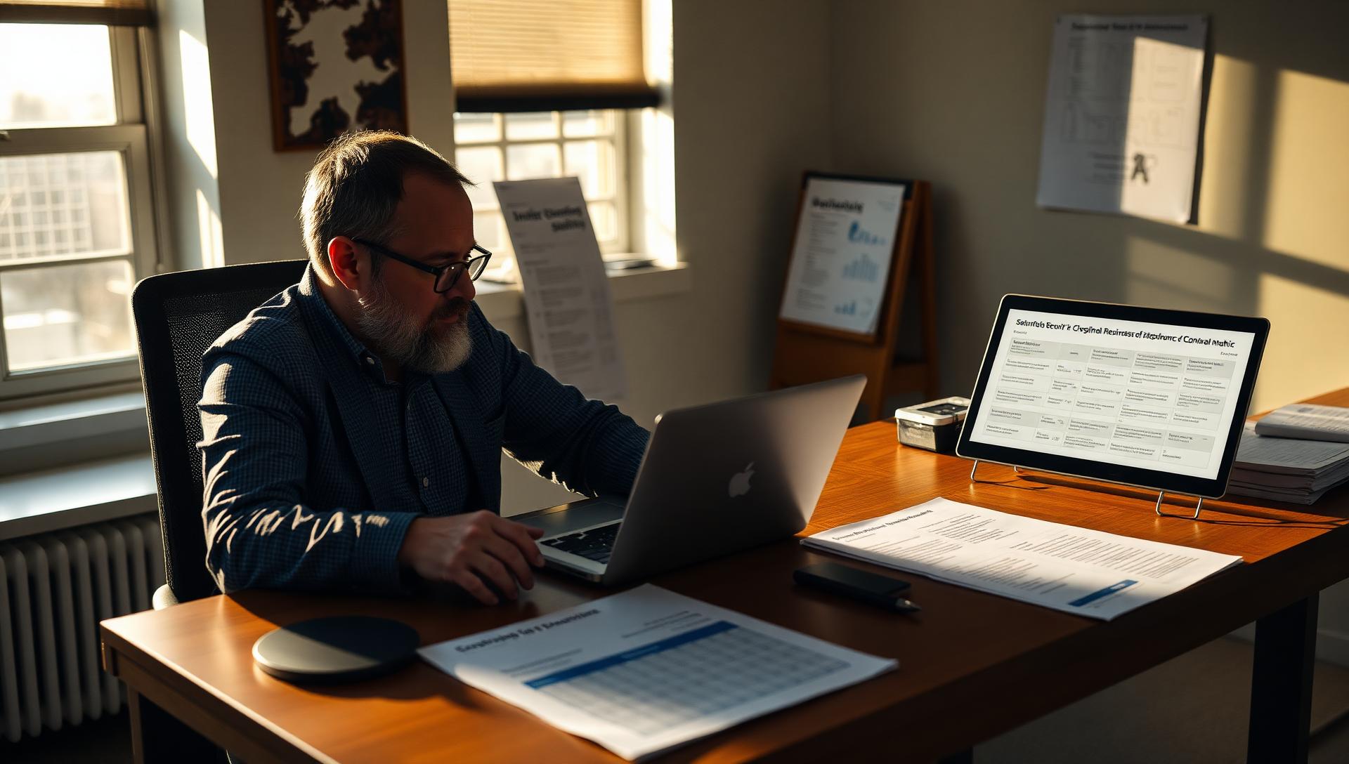 Israeli founder at a wooden desk reviewing a SOC 2 readiness checklist on a laptop dashboard, with printed security policy documents and a control matrix, late afternoon office light