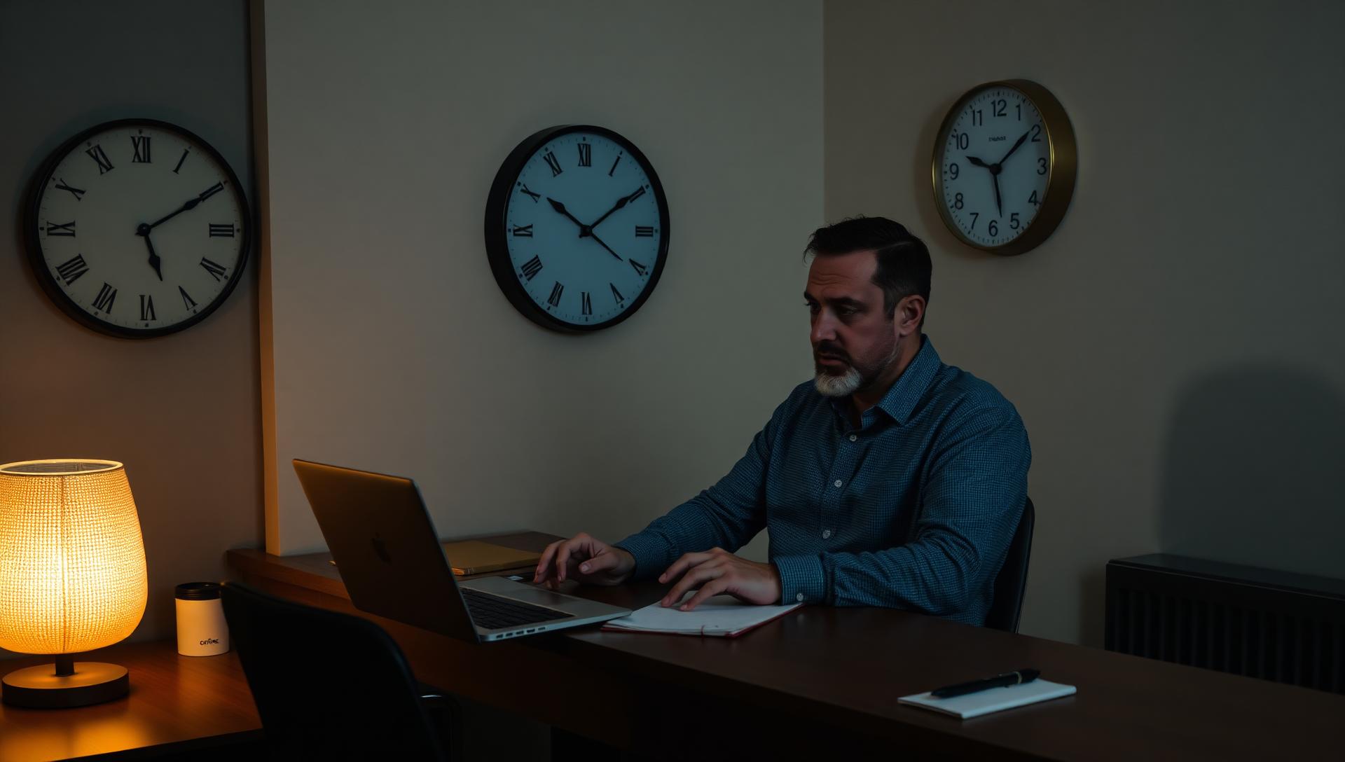 Israeli founder at a wooden desk late in the evening on a video call with US colleagues, two clocks on the wall showing Tel Aviv and US time, laptop and notepad, warm desk lamp light