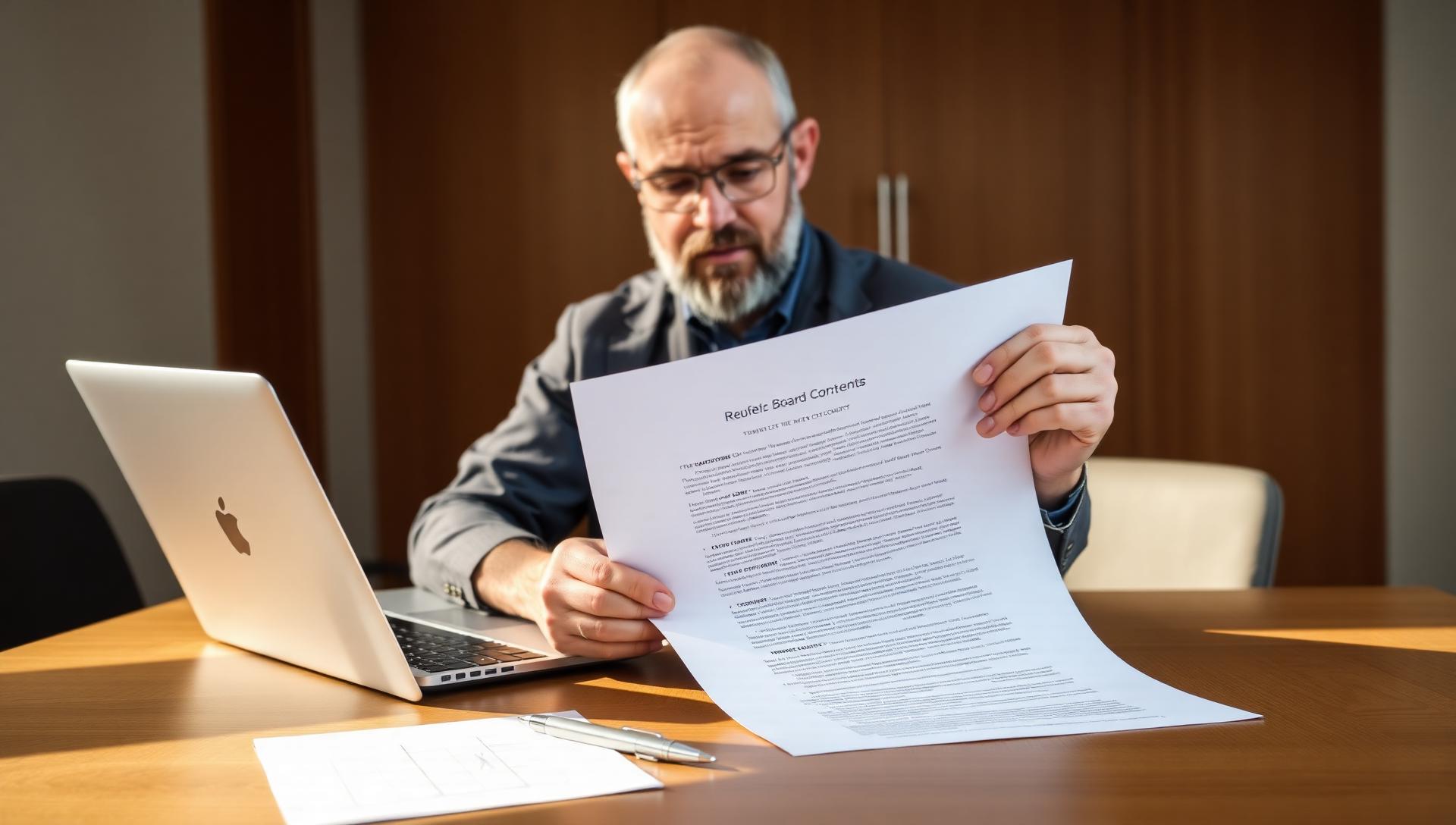 Israeli founder at a wooden conference table reviewing board meeting materials and a board consent document, with laptop, printed cap table, and pen, late afternoon office light