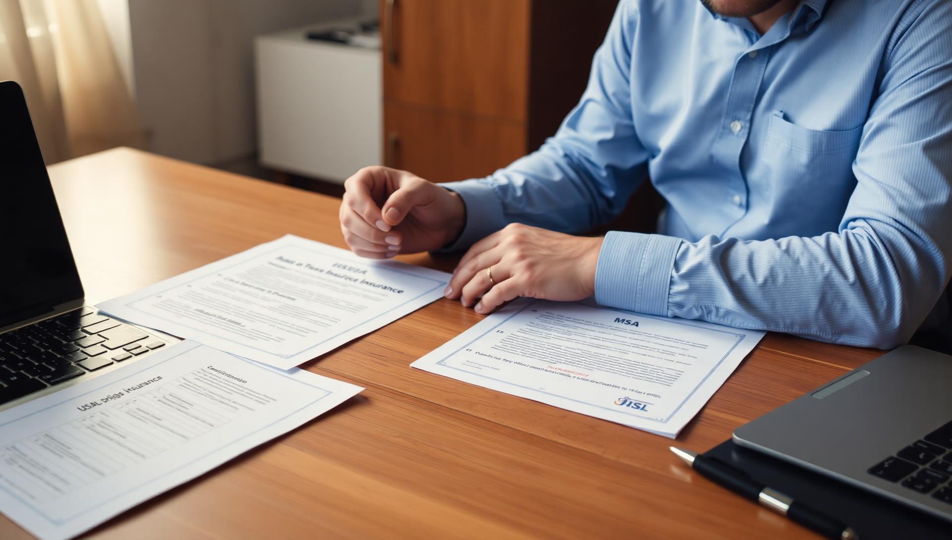 Israeli founder reviewing US business insurance policies at a wooden desk with printed certificates of insurance, a customer MSA marked with insurance requirements, laptop, and pen, late afternoon office light