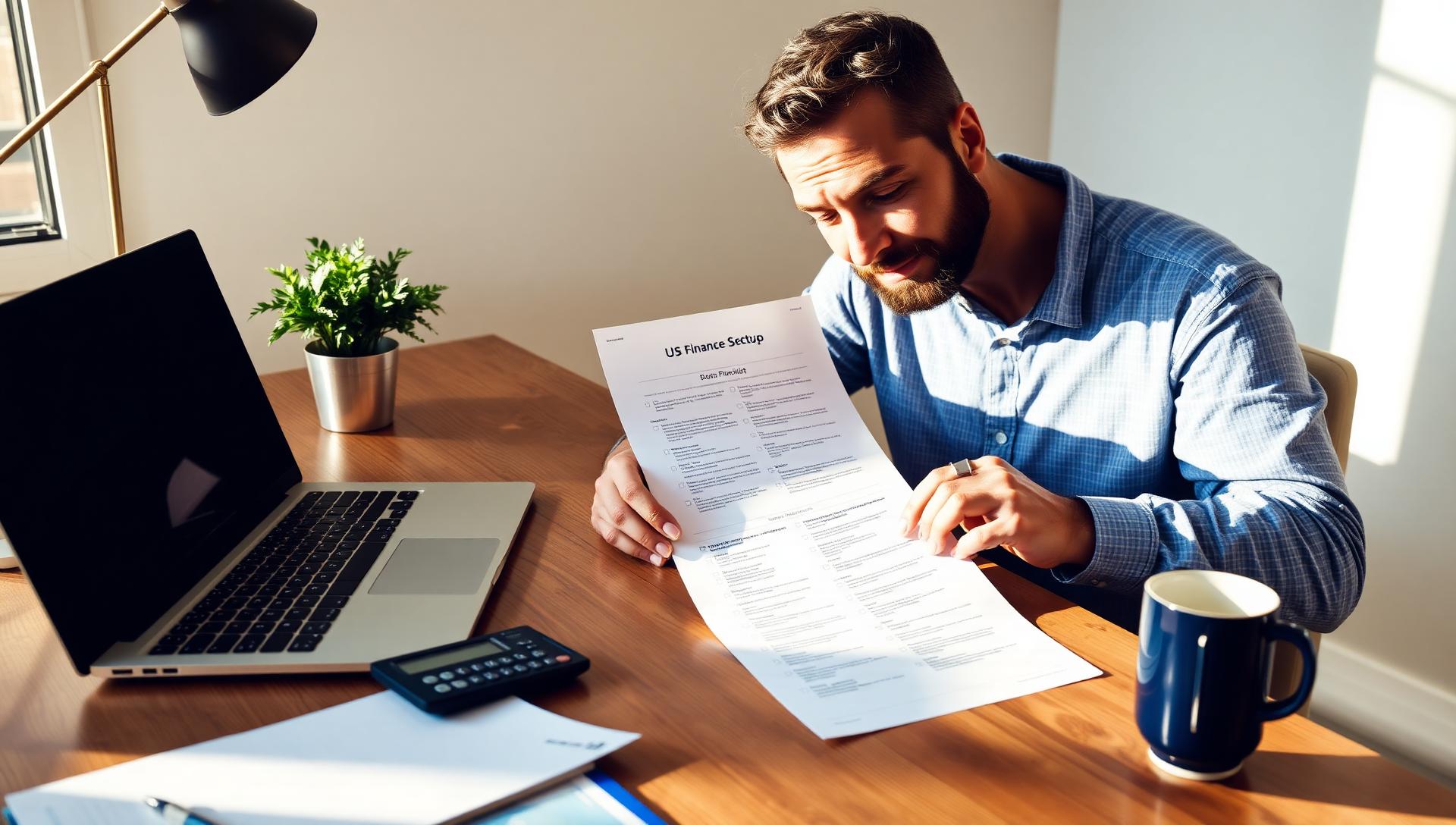 Israeli founder at a wooden desk reviewing a printed US finance setup checklist next to a laptop, calculator, and coffee mug in warm morning light