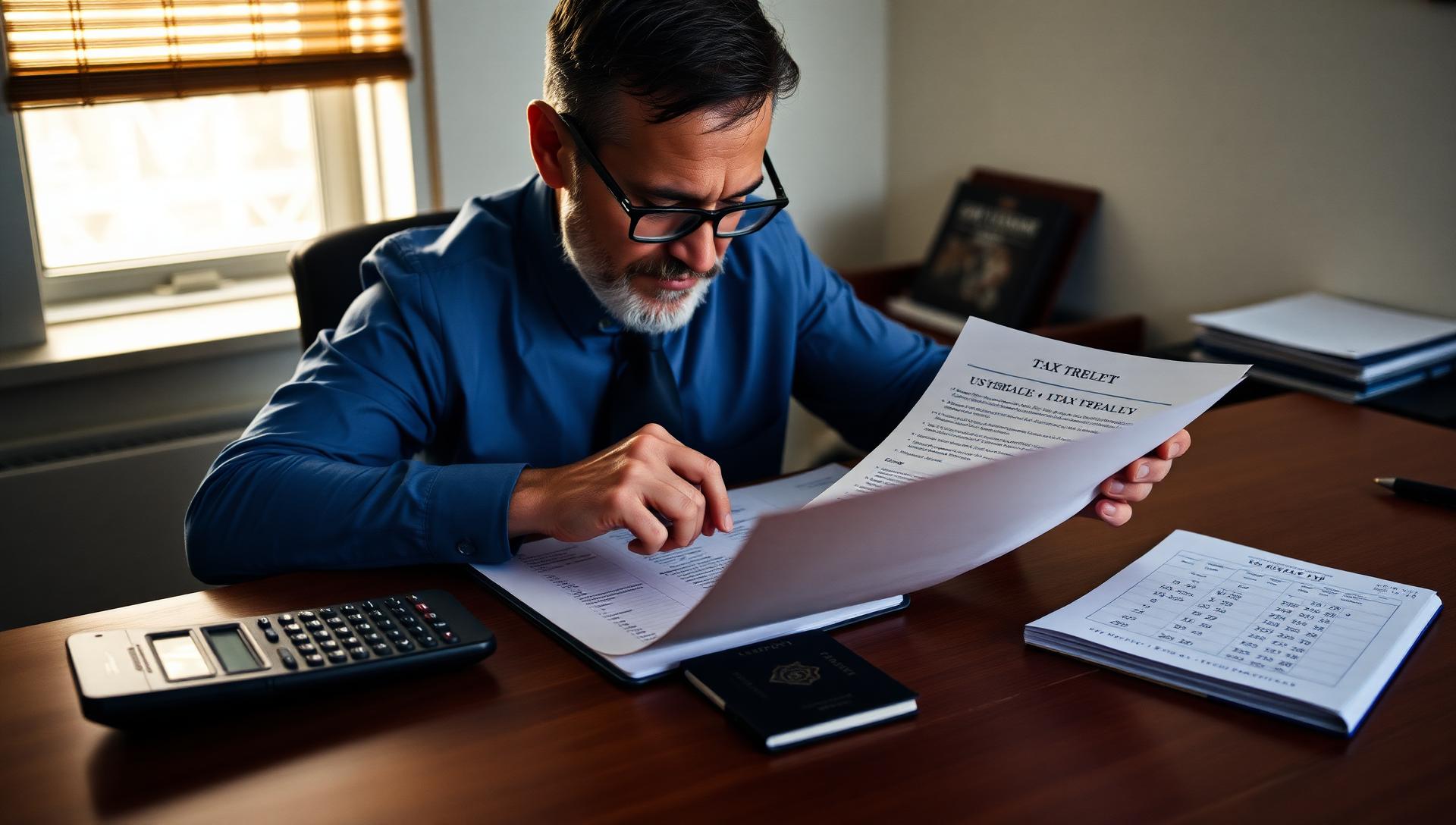 Israeli founder reviewing a US-Israel tax treaty document at a wooden desk with both a US and Israeli passport visible nearby, calculator and notebook with handwritten withholding calculations, late afternoon office light