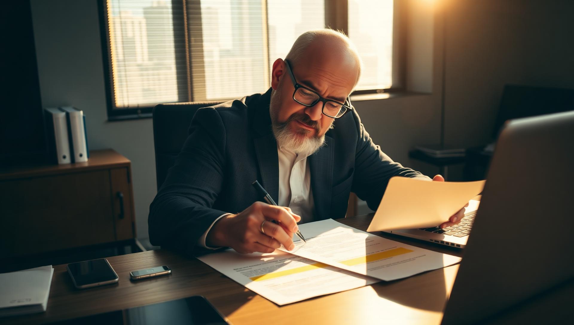 Israeli founder at a wooden desk reviewing a US commercial office lease with the personal guarantee clause highlighted, with pen, reading glasses, and laptop, late afternoon office light