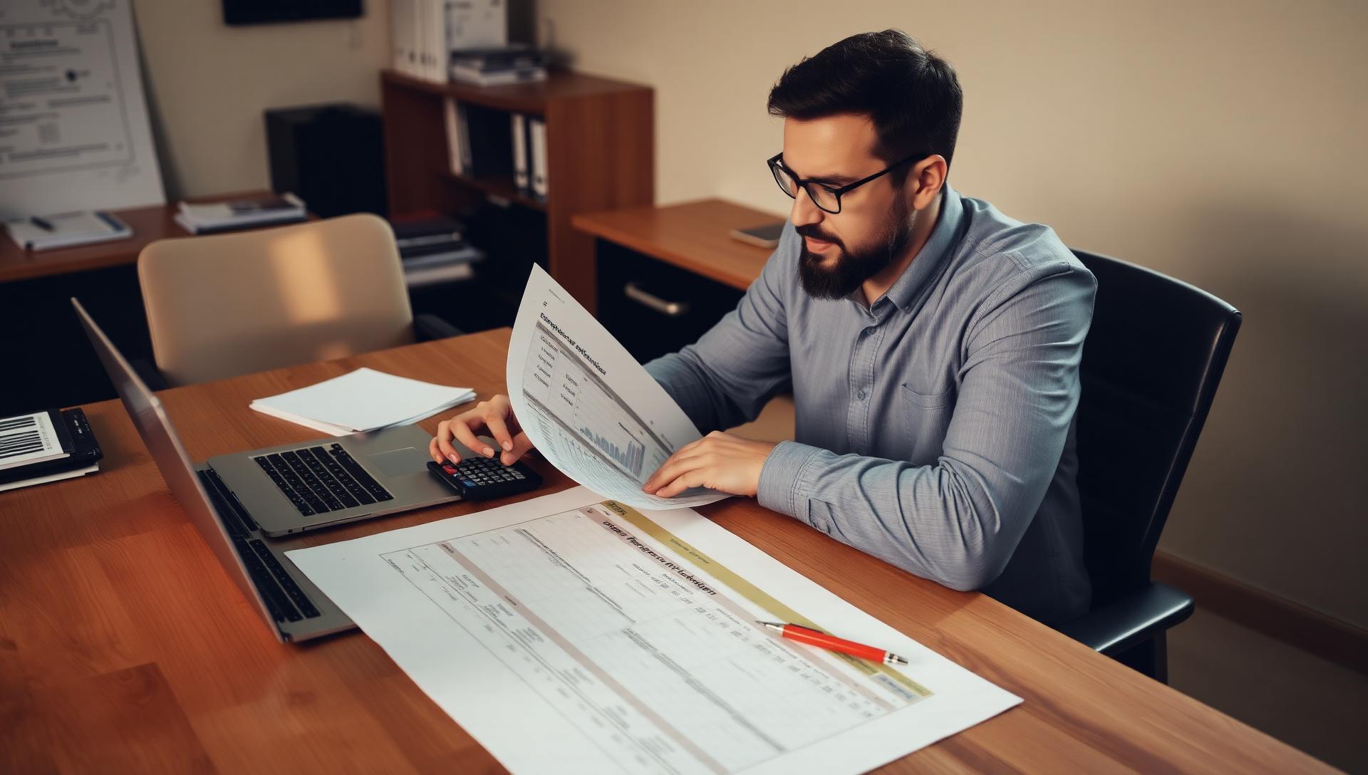 Israeli founder at a wooden desk reviewing a printed US employee compensation breakdown with calculator, laptop, and pen, late afternoon office light