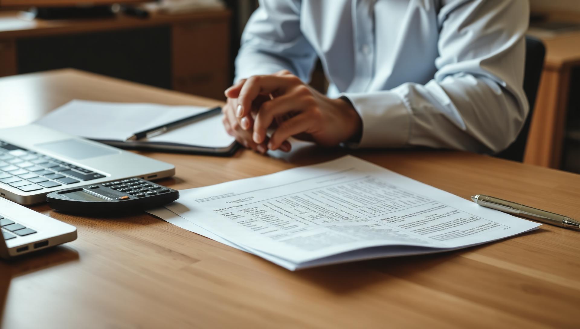 Israeli founder reviewing a printed US venture capital term sheet at a wooden desk with handwritten notes in the margins, calculator, laptop, and a pen, late afternoon office light